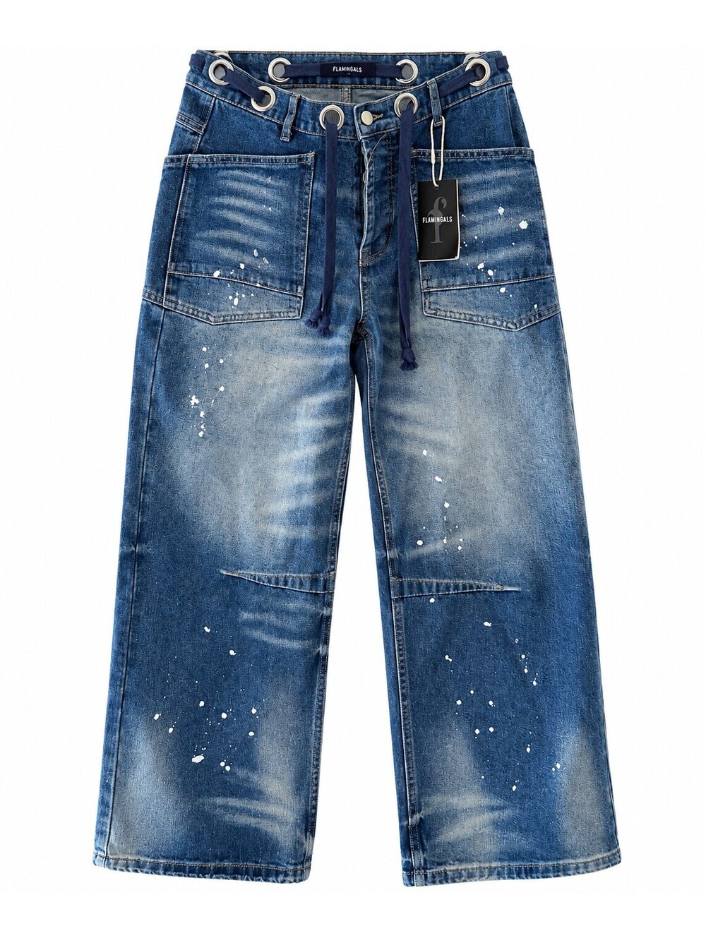 Flamingals Women's Distressed Wide Leg Denim Jeans with Paint Splatter